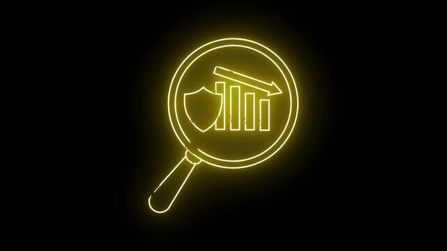 A yellow neon drawing of a magnifying glass enclosing a shield a graph and a downward arrow
