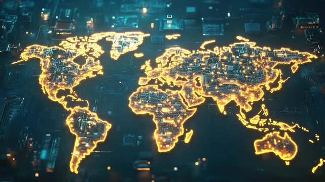 Glowing lights create a world map on the surface of a circuit board, symbolizing global connection and digital infrastructure.