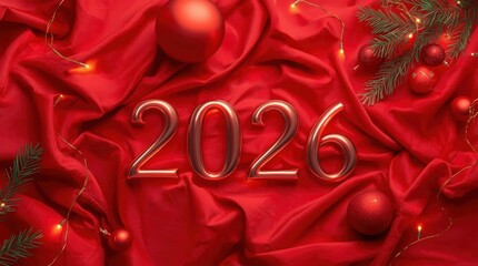 Golden "2026" numerals rest on a textured red fabric with scattered ornaments and pine branches. Concept of a new year, celebration, and festive beginnings.