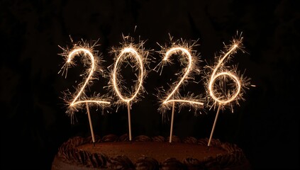 The image shows the numbers "2026" spelled out in bright sparks against a dark background. Concept of new beginnings, hope, and celebrating the upcoming year.