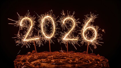 The image shows the numbers "2026" spelled out in bright sparks against a dark background. Concept of new beginnings, hope, and celebrating the upcoming year.