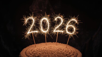 The image shows the number "2024" spelled out in sparklers on a dark background. Concept of new beginnings, celebration, and the arrival of a new year.