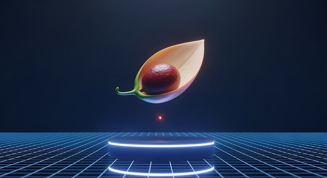 Giant metallic seed suspended in air, subtle glow and neon lights over digital grid background, sleek futuristic design.