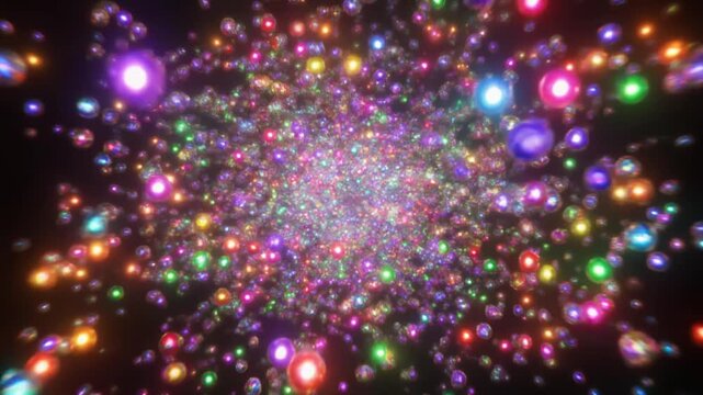 Colorful Spheres Flying in Space &mdash; Full HD Particle Animation　色とりどりの球体が、奥から手前へ流れてくる、フルHD映像