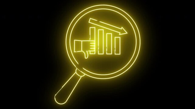 A yellow neon graphic of a magnifying glass framing a thumbs down decreasing bar graph and downward arrow
