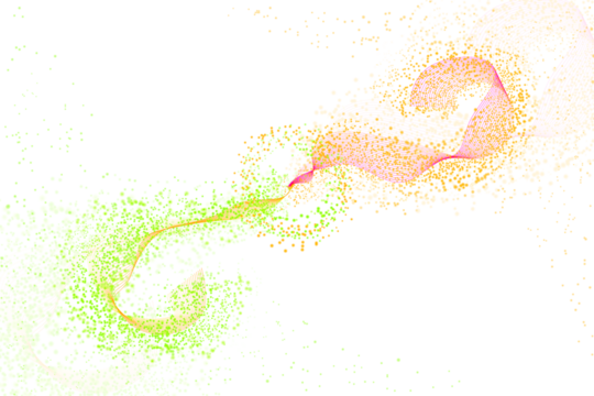 Abstract swirling nebula of vibrant green and orange cosmic dust and gas in deep space with a transparent background.