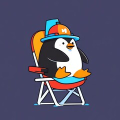 Obraz premium A cartoon penguin wearing a hard hat sits in a beach chair