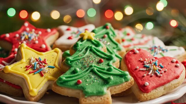 Close-up of festive, steaming Christmas cookies with green, red, and yellow icing and blurred colored lights in the background