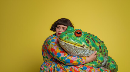 Colorful retro portrait of a plus-size woman hugging a giant surreal frog, playful pop-art style with vibrant humor. Perfect for advertising, branding, and creative editorial use.