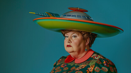 Surreal retro portrait of a chubby woman wearing a giant UFO spaceship hat, whimsical sci-fi fashion with humor and style. Perfect for posters, campaigns, and branding visuals.