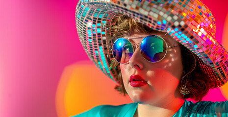 Whimsical portrait of a retro plus-size woman in disco mirror ball hat and shiny sunglasses, glamorous surreal fashion concept. Perfect for social media, advertising, and editorial campaigns.