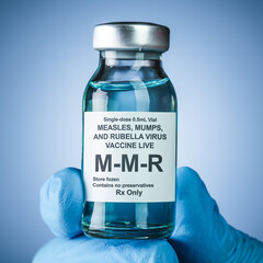 Nurses hand in blue medical gloves holding a vaccine bottle with MMR text. Health care concept of prevention or treatment of measles, mumps, and rubella viruses.