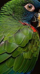 Obraz premium Extreme closeup portrait of a tropical parrot displaying brilliant, saturated green, blue, and red feathers, highlighting texture and a focused, sharp eye ,macaw ,red ,exotic bird