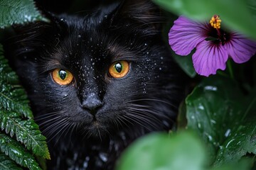 A close-up view of a black cat's face, partially hidden among lush, green foliage and a vibrant purple flower, showcasing striking amber eyes and a mysterious mood.