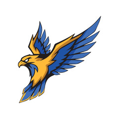 Fierce eagle in flight – bold blue and yellow bird with sharp wings and intense gaze for sports, gaming, and power-themed branding.
