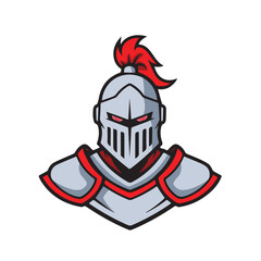 Armored knight mascot – medieval warrior with red plume, glowing eyes, and bold symmetrical armor for gaming, sports, and heroic branding.