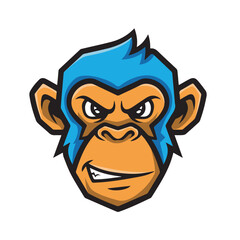 Aggressive monkey mascot – bold cartoon face with blue mask and orange fur for gaming, sports, and high-energy branding.
