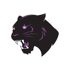 Obraz premium Aggressive panther head – black silhouette with glowing purple eyes and sharp fangs in bold design for sports, gaming, and power-themed branding.