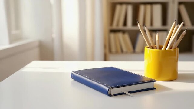 Office supplies on the desk include a book, pencils, and pens in containers.