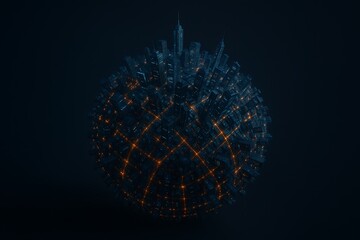 3D rendering of mega city sphere glowing with LED lights at night Futuristic technology and telecom background concept visualization