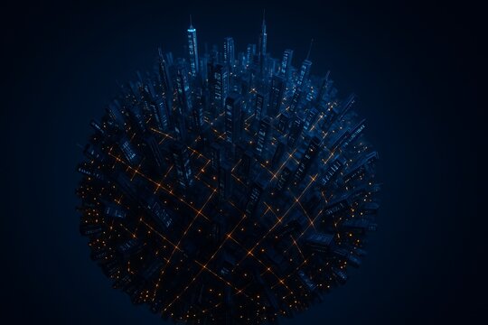 3D rendering of mega city sphere glowing with LED lights at night Futuristic technology and telecom background concept visualization