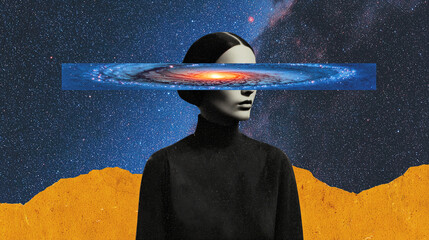 Surreal photo collage of a woman with galaxy eyes in a cosmic landscape. Abstract and symbolic artwork perfect for artistic, philosophical and commercial visual projects.