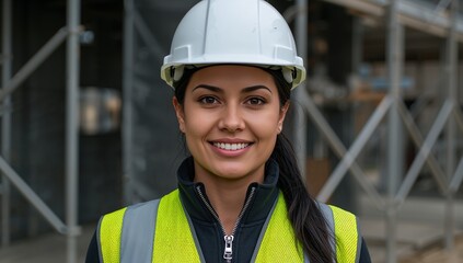 A confident female construction worker, smiling, wearing a helmet and vest. She stands with a supportive construction background
