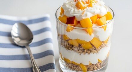 Refreshing mango yogurt parfait with granola and coconut