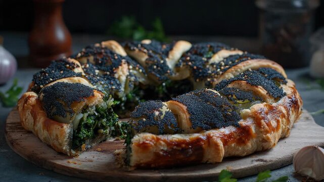A veggie pizza with a crispy crust and an array of colorful vegetable toppings, served on a wooden cutting board, ready to be enjoyed.