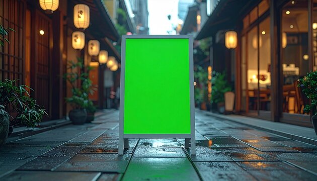 Green Screen Sign in Japanese Alleyway at Night