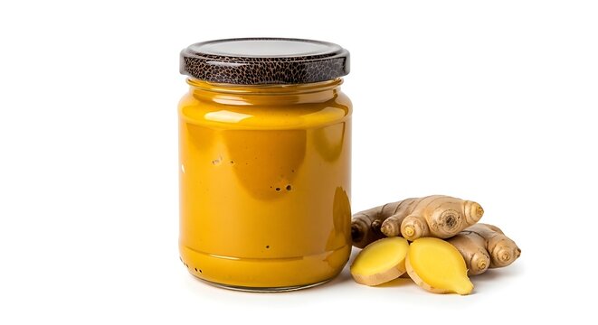 Golden turmeric ginger elixir in a glass bottle with fresh root