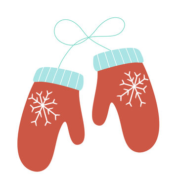 Cute pair of red Christmas mittens connected by a light blue string, each decorated with a white snowflake pattern.