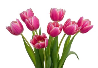Fototapeta premium A delicate collection of vibrant pink tulips captured in a studio setting, isolated on a crisp white background, symbolizing springtime beauty and grace ,pure ,spring ,holiday