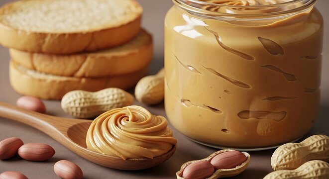 Creamy peanut butter swirl on spoon with jar and bread