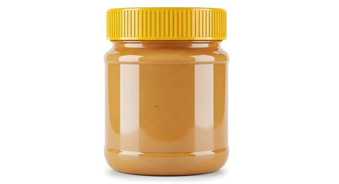 A tall jar of smooth peanut butter with a yellow lid