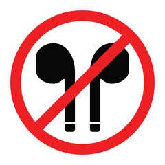 No earphones vector icon. Black headphone silhouette crossed by red prohibition sign. Forbidden earbud use symbol for safety, silence, or restriction notice design.