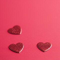 Elegant display of shimmering heart shapes resting on a vibrant rose pink surface, creating a lovely backdrop for romance and sweet celebrations ,overhead ,passion ,ambiance