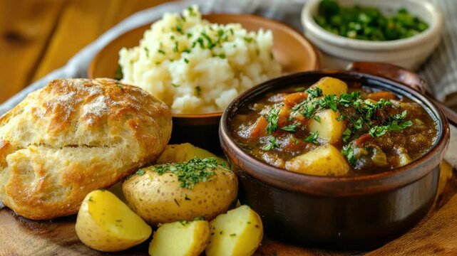 A wholesome meal of rice, soup, and bread, with herbs for seasoning. A hearty dish for a filling lunch or dinner.