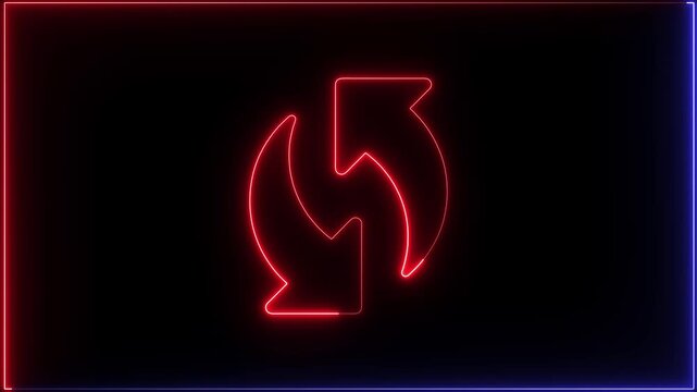 Motion graphic animation of neon arrow is turning around. Refresh button, circle arrow repeat, Reload icon 3d animation. Neon refresh icon.