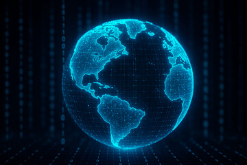 Digital glowing earth made of blue particles and lines, representing global network and technology, with binary code background