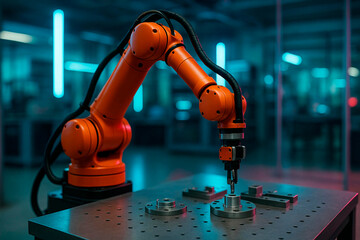An industrial robotic arm with an orange finish is precisely working on a metal component on a workbench in a modern factory setting with blue neon lights