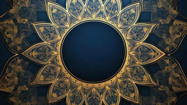 Patterned sun design on a blue background, featuring intricate golden circular decorations.