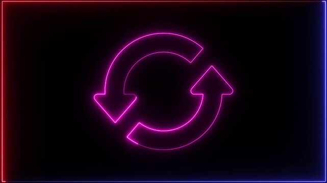 Motion graphic animation of neon arrow is turning around. Refresh button, circle arrow repeat, Reload icon 3d animation. Neon refresh icon.