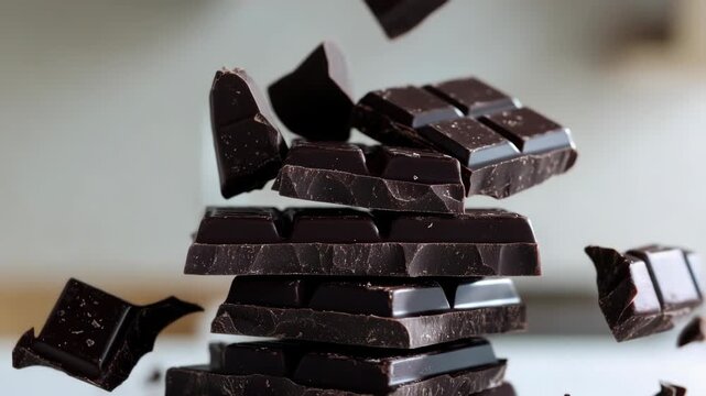 A pile of chocolate bars with some of them broken. The chocolate bars are stacked on top of each other