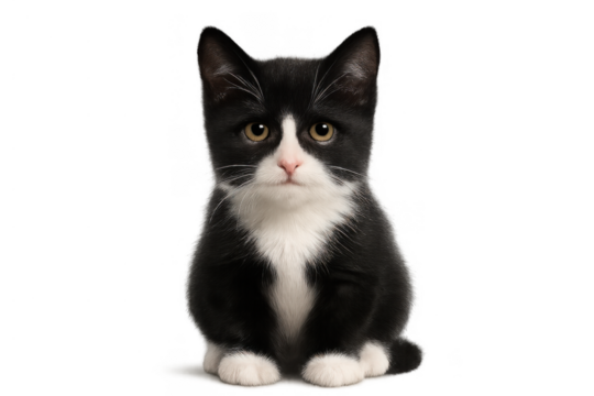 Black and white kitten sitting, looking at camera with sad expression, cute pet on transparent background