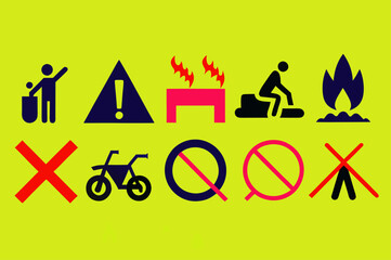 Collection of Warning and Prohibition Symbols for Outdoor Safety