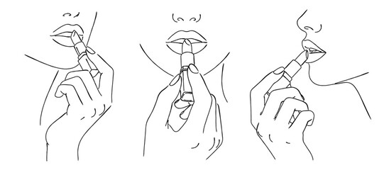 口紅（リップスティック）を塗る女性の線画イラストセット,メイクアップ,コスメ,美容,唇,ベクター