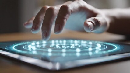 Closeup of a hand interacting with a futuristic digital interface on a tablet, displaying glowing circular patterns and connections - Powered by Adobe