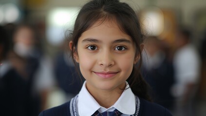 Obraz premium A charming young girl smiles gently, capturing a moment of innocence and joy. She's dressed in a smart uniform. Her facial expression is filled with kindness.
