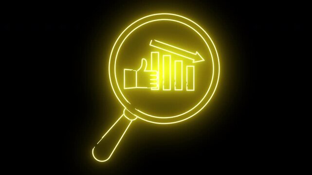 Glowing yellow neon illustration of a magnifying glass with a thumbsup and declining bar graph inside